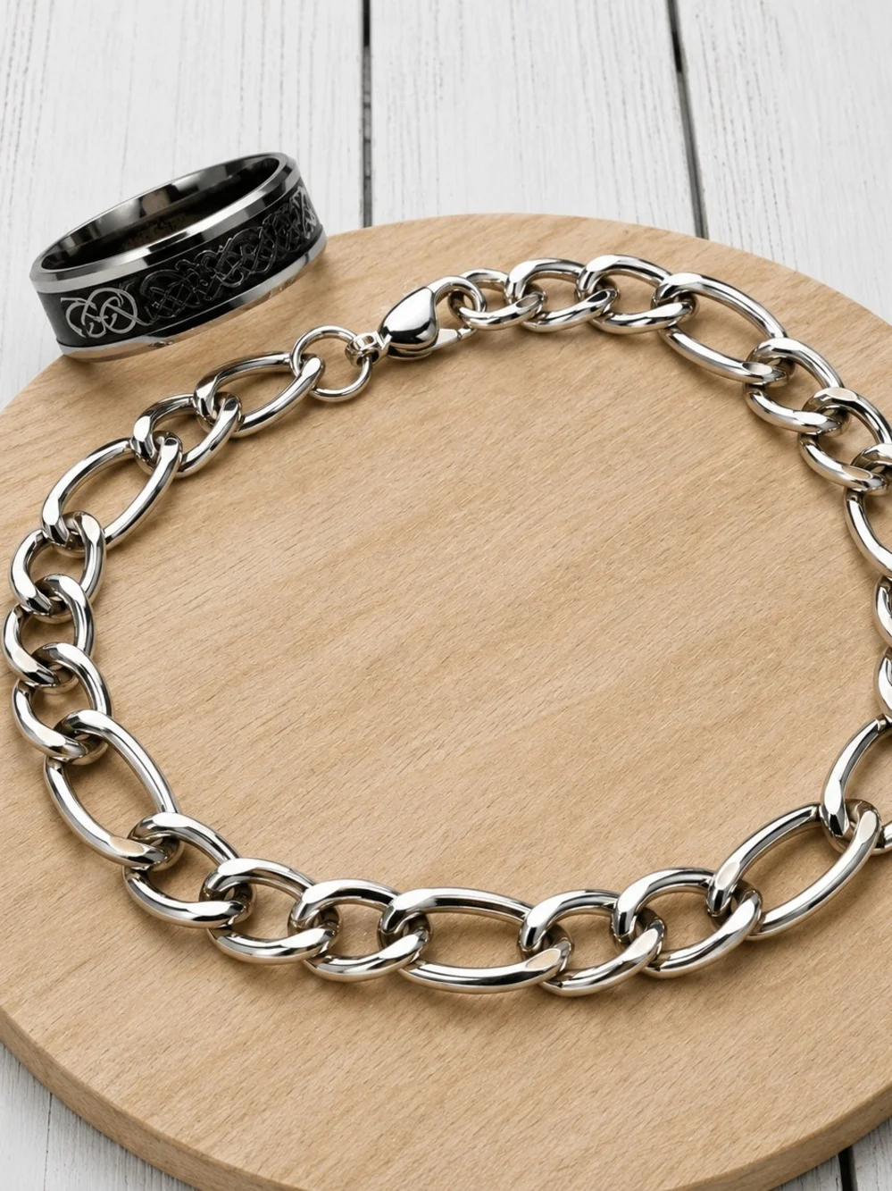 3pc Silver Men's Chain Bracelet and Tungsten Ring Set - Silver